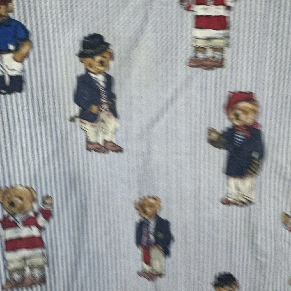 Vintage Ralph Lauren Polo Bear Full Size Fitted Sheet Blue Stripe Cotton Preppy